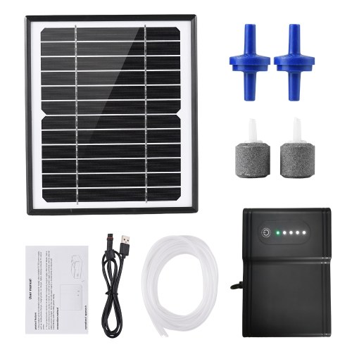 5W/6V Solar Powered Oxygen Air Pump Kit for Aquarium Fish Tank Oxygenator Oxygen Aerator Solar Air Pump 2 Working Modes with Solar Panel/ Oxygen Pipe/ 2 Air Bubble Stones 
