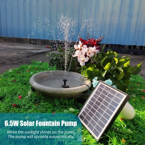 6.5W Solar Fountain Pump 200L/H Flow Rate Small Pond Pump DC Brushless Solar Powered Fountain Pump with 8 Nozzles 6 Modes for Bird Bath / Pond / Garden / Backyard / Landscape 