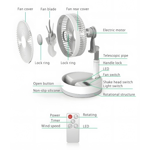 9-inch Portable Pedestal Fan 10800mAh Battery Type-C Rechargeable Oscillating Standing Fan with LED Night Light Remote Control Telescopic 4 Speed Quiet Timer Fan for Home Kitchen Outdoor Camping 