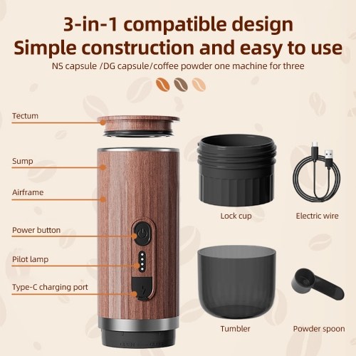 Portable Electric Espresso Coffee Machine Cordless Heating 3oz Single Serve Mini Coffee Maker with 3-IN-1 Coffee Powder/N Capsule/DG capsulee Bin 92℃ Smart Brew 20Bar Pump Pressure 7500mAh Battery 