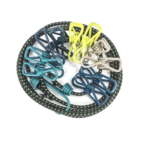 

Elastic Clothesline with 12pcs Clothespins Clips 2 Adjustable End Hooks