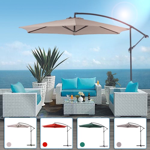 iKayaa 3M regolabile Patio Garden Hanging Ombrello con manovella Croce Base Vento Vent Parasole esterna Caffè Beach acciaio Ombrellone 6 Acciaio Rib