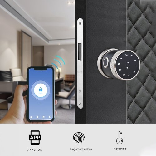 5-in-1 Unlock Smart Door Lock Keyless Entry Biometric Door Knob with Keypad BT Tuya App Remote Control Password Fingerprint Door Lock with IC Card Mechanical Key  for Home Apartment Hotel Office 