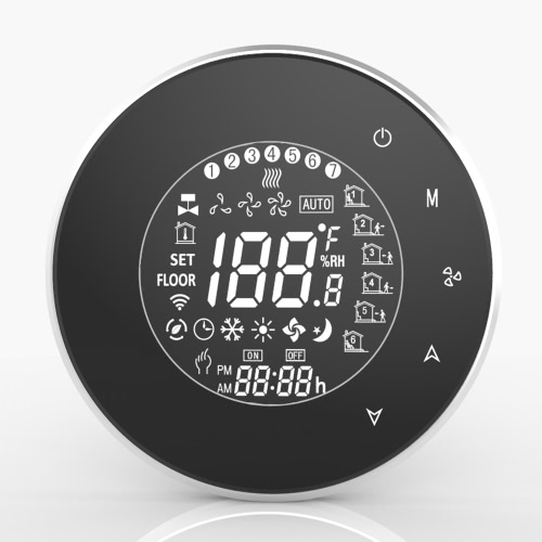 

BECA Programmable Round Fan Coil Thermostat 95~240VAC Four Pipe Heating/Cooling Touch Screen 5+2 Weekly Data Memory Air Conditioner with LCD Digital Display