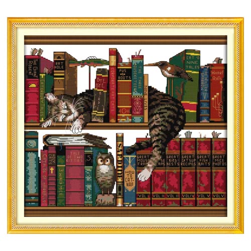 Fai da te a mano ricamo contato punto croce ricamo Set Kit 14ct gatto su Bookshelf modello punto croce decorazione domestica 41 * 38cm