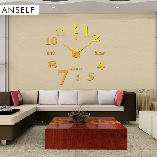 Anself Modern DIY Wall Clock Large Watch Decor Stickers Set Mirror Effect Acrylic Glass Decal Home Removable Decoration