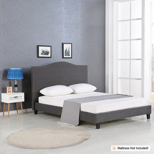 Cadre de lit Wingft capitonné en toile de lit King Size Antique avec des lamelles en bois et une éponge rembourrée et rembourrée avec cadre en bois gris 200KG