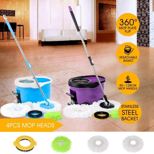 

Second Hand iKayaa Hands-free Stainless Steel 360°Rotating Spin Mop Bucket Set with Foot Pedal Self-Wring Floor Mop + 2 Microfiber Mop Head + Scrub Brush + Chenille Mop Head