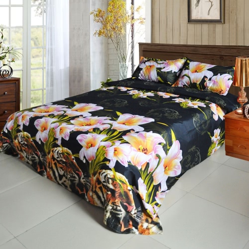 4pcs 3D Printed Bedding Set Bedclothes Tiger and Lily Flower King Size Duvet Cover+Bed Sheet+2 Pillowcases