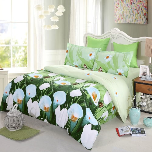 4pcs Ensemble de literie imprimé 3D Literie Tulip blanc sur fond vert Housse de couette King Size + Feuille de lit + 2 taies d'oreiller