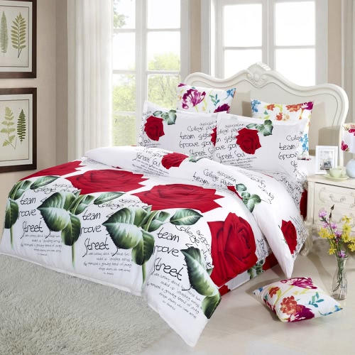 Rosa rossa stampata bianca di seta delle biancheria da letto 4pcs stampata in copertura del pieno del fiore della copertura + lenzuolo della copertura di formato + 2 pillowcases