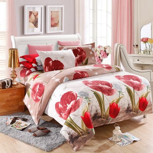 Tulip Flower Pattern 4Pcs 3D Printed Bedding Set Bedclothes Home Textiles Quilt Cover Bed Sheet 2 Pillowcases