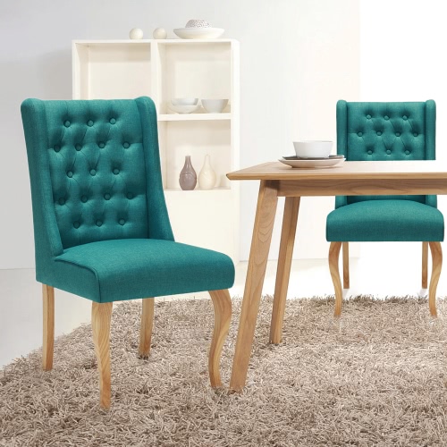 iKayaa Antike Art Tufted Küche Dining Chair Leinengewebe-Akzent-Stuhl Polsterseiten Wohnzimmer Stuhl W / Gummi Holz Beine