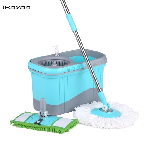 iKayaa Appuyez sur Type d'acier inoxydable 360 ​​° Rouler Magie Spin Mop & Bucket Set Rotating Easy-Essorez Floor Mop W / 2 Mop Heads