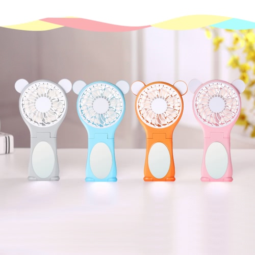 

Portable Bear Shape Mirror Cute Mini Handheld Table Foldable Fan 2 Speed for Home Office USB Rechargeable With Mirror Function