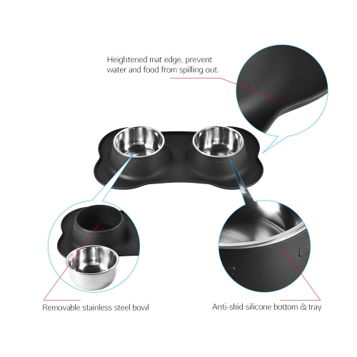 

Pet Dual-Bowl Stainless Steel 2 Bowls Food Water Feeder Holder with Removeable No Spill Silicone Pad Mat for Feeding Dogs Cats Pup