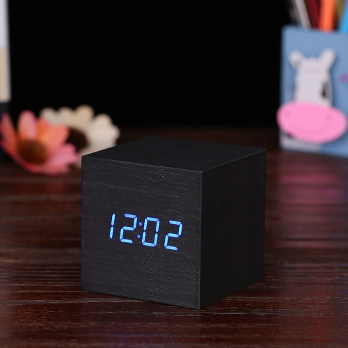 

Wooden Sounds Acoustic Control Digital LED Alarm Clock Vintage Electronic Display Temperature Calendar Blue