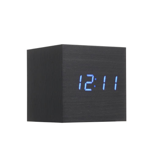 

Wooden Sounds Acoustic Control Digital LED Alarm Clock Vintage Electronic Display Temperature Calendar Blue