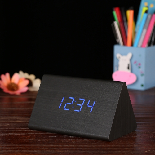 

Wooden Triangle Electronic Clock Digital Alarm Time LED Display Sounds Control Temperature Blue