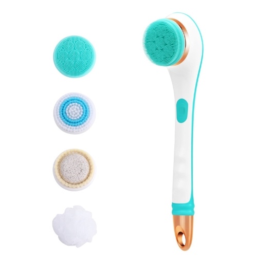 Electric Silicone Bath Brush Back Scrubber 4 Brush Heads USB Rechargeable Rotating Shower Massager with 2 Speeds Long Handle Body Cleansing Brush