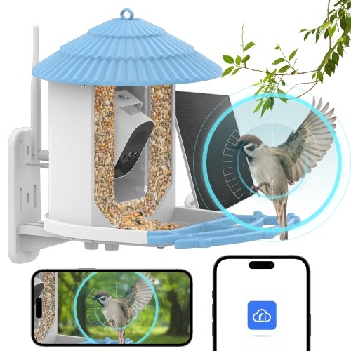 Mangiatoia per uccelli intelligente con fotocamera + pannello solare AI Identifica le specie di uccelli Rilevamento del movimento PIR Audio bidirezionale Controllo APP 2.4G WiFi Fotocamera da 4 MP Video di uccelli wireless ad energia solare per il birdwatching in giardino nel cortile