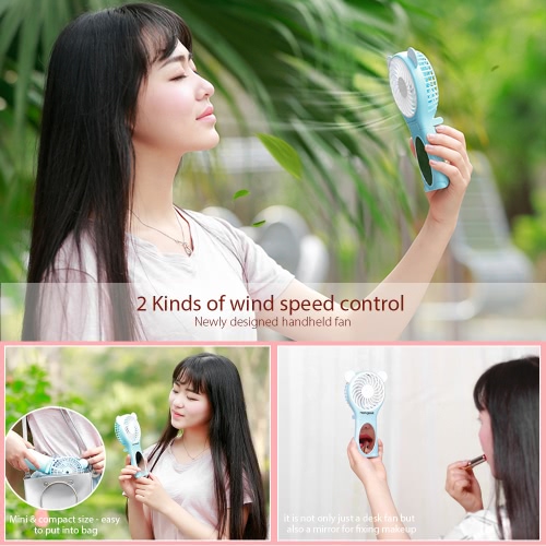 

Homgeek Portable Bear Shape Mirror Cute Mini Handheld Table Foldable Fan 2 Speed for Home Office USB Rechargeable With Mirror Function