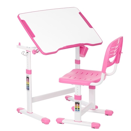 iKayaa Height Adjustable Kid's Study Desk & Chair Set 0-40°Tiltable Children Activity Art Table Set Work Station Metal Frame