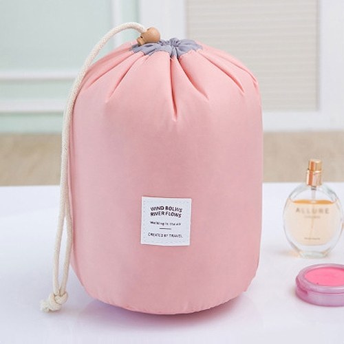 

Portable Travel Barrel Carry Case Large Cosmetic Bags Makeup Toiletry Storage Bag with Drawstring Pockets Pink