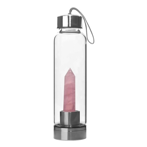 

Crystal Glass Water Bottle, Water Bottle with Removable Gemstone Center Top Easy Carry Strap for Travel Office On The Go 550ml