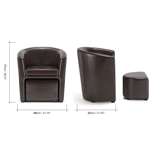 

iKayaa Contemporary PU Leather Barrel Tub Chair Armchair with Ottoman Accent Club Chair Living Room Furniture W/ Rubber Wood Legs