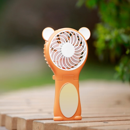 

Portable Bear Shape Mirror Cute Mini Handheld Table Foldable Fan 2 Speed for Home Office USB Rechargeable With Mirror Function