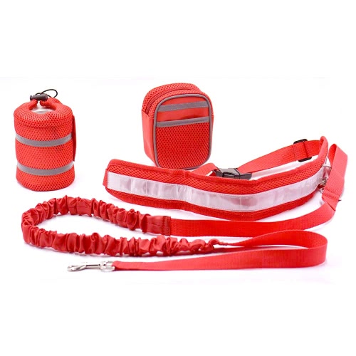 3-en-1 Manos Juego de correa de perro libre Correa de animal doméstico Seguridad de plomo Cuerda de tracción con cinturón ajustable Portabotella Bolso bolsa de entrenamiento para el entrenamiento Caminar Correr Correr