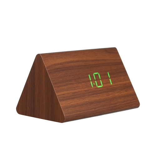 

Wooden Triangle Electronic Clock Digital Alarm Time LED Display Sounds Control Temperature Blue