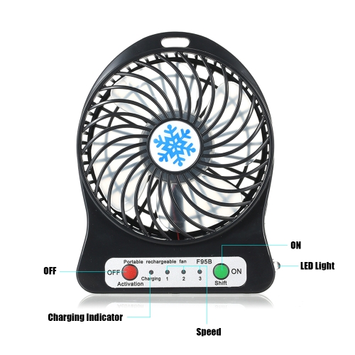 

Portable Rechargeable LED Light Fan Mini Desk USB Charging Air Cooler 3 Mode Speed Regulation LED Lighting Function Cooling (Black)