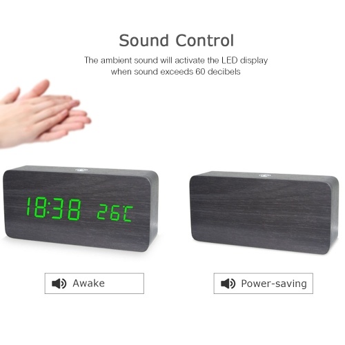 

LED Digital Wooden Alarm Clock APP Control Time/ Temperature/ Date Display Electronic Desktop Clock 4 Levels Brightness Sound Control USB Charge or Battery Supply