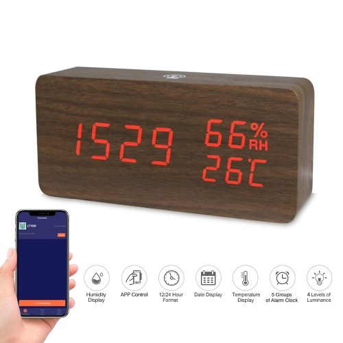 LED Digital Wooden Alarm Clock APP Control Time/ Temperature/ Humidity/ Date Display Electronic Desktop Clock 4 Levels Brightness Sound Control USB Charge or Battery Supply