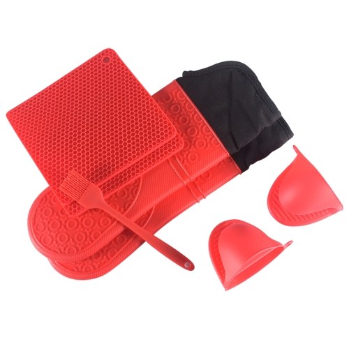 

7PCS Heat Resistant Oven Gloves Table Mat Oven Hand Clips Brush Set