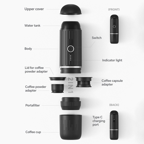 Electric Portable Coffee Maker Compatible with NS Pods and Ground Coffee 19 Bar 100W Wireless Heating Travel Espresso Coffee Maker Machine for Travel / Camping / Office / Home 