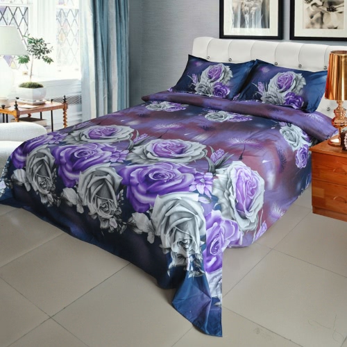 Pattern Purple Rose Flor 4pcs 3D impresso conjunto de cama Roupa de cama Home Textiles Queen Size Quilt Tampa Folha de cama 2 fronhas