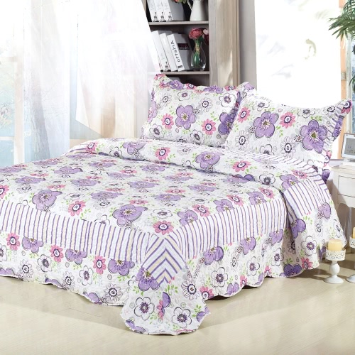 3Pcs Bedding Set 230 * 230 CM  Printed Flower Plant Cording Pattern Polyester Fiber Patchwork Quilt Comforter Pillow Cases Bedclothes Home Textiles