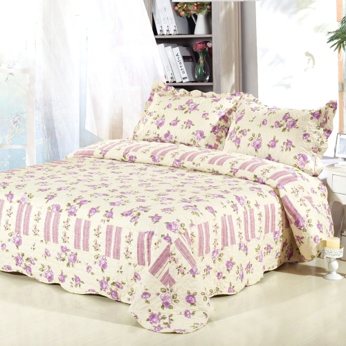 3Pcs Bedding Set 230 * 230 CM  Printed Flower Plant Cording Pattern Polyester Fiber Patchwork Quilt Comforter Pillow Cases Bedclothes Home Textiles