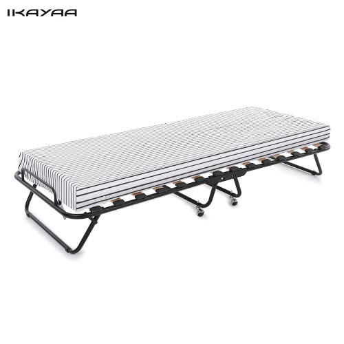 iKayaa metal + madera con ruedas plegable individual huéspedes cuna cama con colchón y cubierta de 360 ​​° Ruedas 110 kg Capacidad