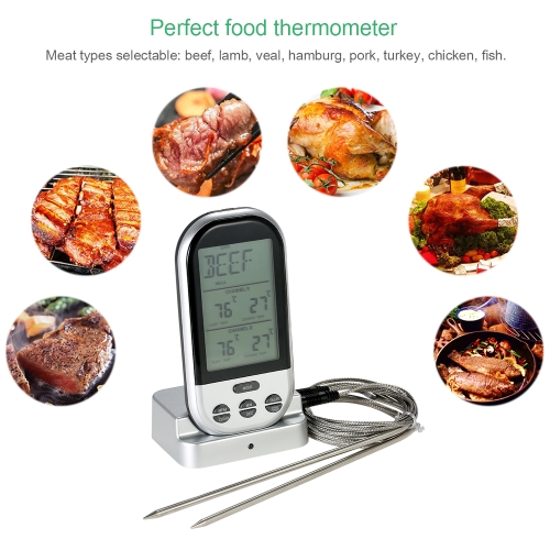 

Wireless Digital Food BBQ Cooking Thermometer Timer Backlight LCD Temperature Gauge with Transmission Dual Probes--Silver
