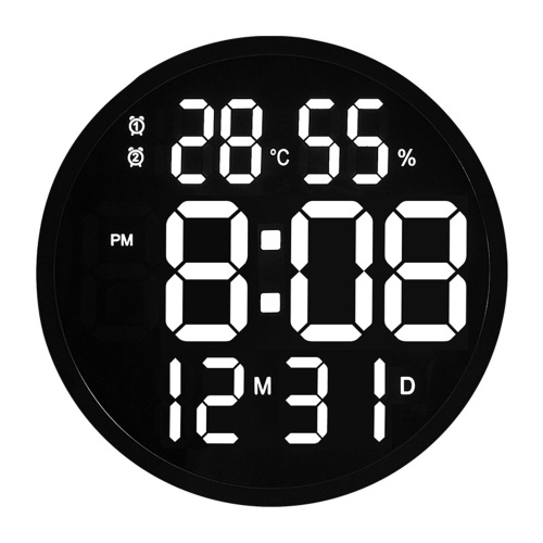 

12 Inch Round Silent Electronic Clock Large Font Digital Display Temperature Humidity Date Calendar Simple Wall Clock