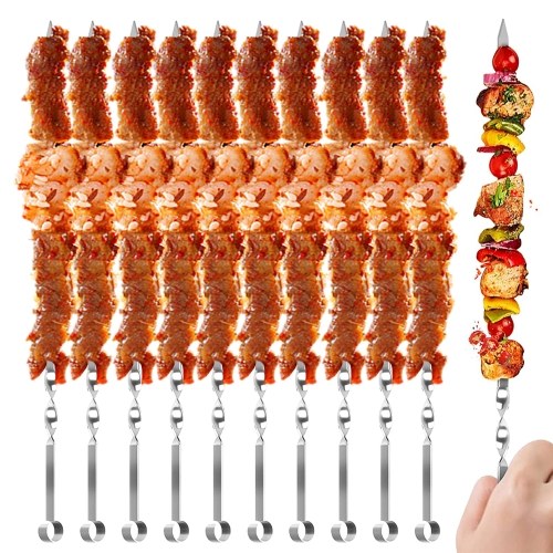 10PCS Barbecue Skewer Sticks 14 Inch Grilling Flat Kabob Reusable Metal Skewers