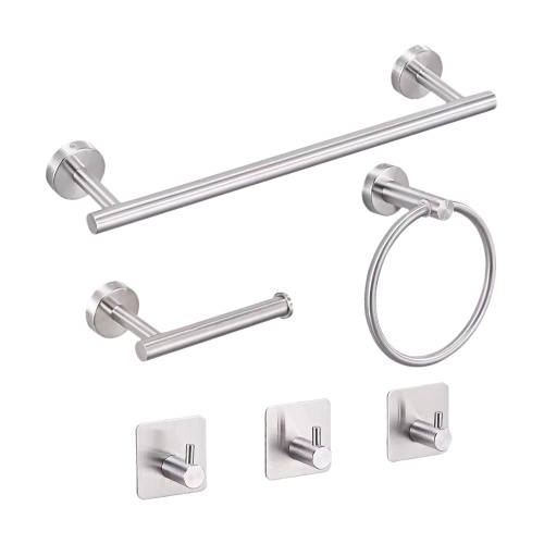 

6PCS Bathroom Hardware Set Towel Bar Towel Ring Toilet Paper Holder 3 Hooks Stainless Steel Wall Mounted Drilling Towel Holder Toilet Paper Rack Hanging Hooks
