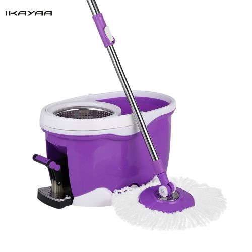 iKayaa mains libres en acier inoxydable 360 ​​° Rouler Spin Mop & Bucket Pedal Set Pied rotatif auto-Essorez Floor Mop W / 2 microfibres Mop Heads