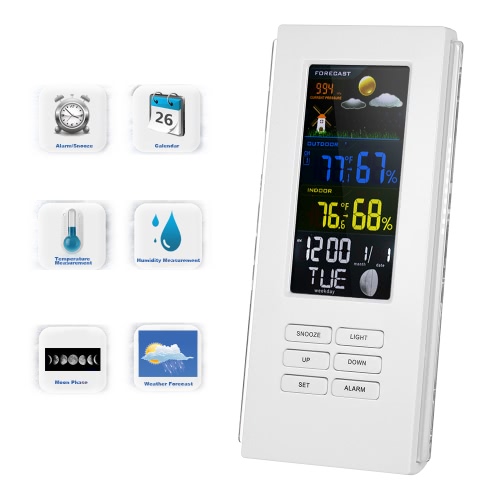 

Multi-functional Wireless Weather Station Digital Alarm Clock Color LCD Indoor Outdoor Thermometer Hygrometer Barometer with Snooze Function Calendar Moon Phase Display AC230~240V