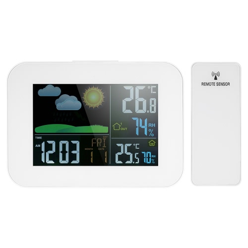 Multi-fonctionnel sans fil couleur LCD Prévision météorologique Horloge intérieur Thermomètre extérieur Hygromètre avec USB 1A Sortie Alarme Snooze Perpétuel Calendrier Fonction AC100-240V