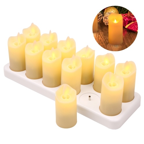 

12 PCS Rechargeable Flameless Candles Realistic Warm Yellow LED Cordless Pillar Candles Electric Candle Lights with Flickering Flame for Christmas Halloween Festivals Wedding Party Decoration